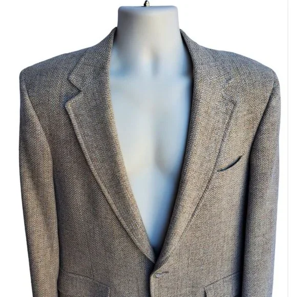 1980's Hastings Tan Herringbone 2 Button Wool Sport Coat Dress Jacket Cosplay L